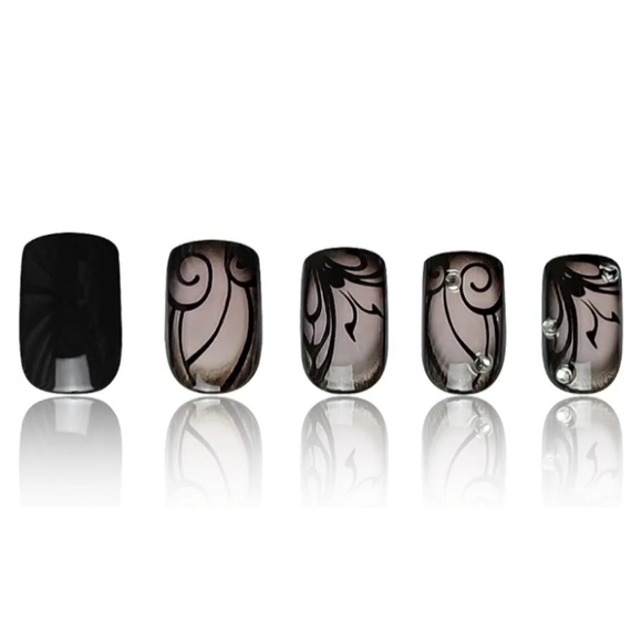 Elegant 24pc Black Butterfly Rhinestone Embellished Fake Nails NIB - Picture 6 of 8